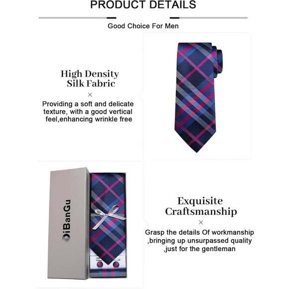 🆕Men Blue Plaid Silk Checkered Necktie Pocket Square Cufflinks Tie Clip Set - Picture 6 of 6